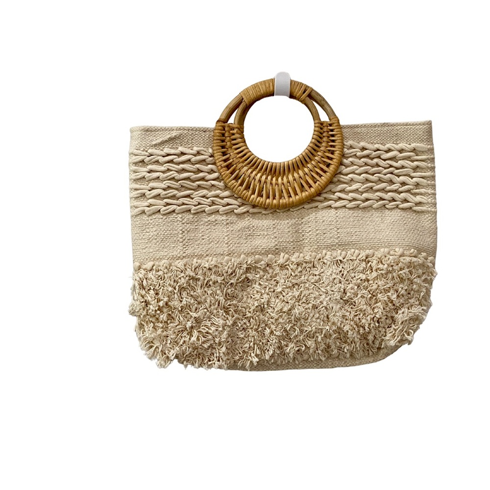 Never-used Cream Woven Handbag with Wooden Handles